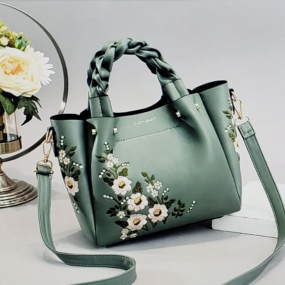 Floral embroidery braided handle handbag